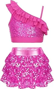 JugaogeKids Girls SequinsJazz Latin Dance Outfits Metallic Crop Top with Culotte Skirts Set Ballet Performance Costume