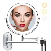 Wall Mounted Lighted Makeup Mirror 8" 10X Magnifying Cosmetic Mirror with 3 Color Modes USB Charging Type-Silver