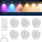 MERTTURM Rechargeable LED Cupboard Light, USB Wireless RGB Puck Light, Battery Operated Shelf Display Cabinet Light, Dimmable Stick on Wall Light with Remote Control/Timer for Wardrobe/Kitchen-6 Pack