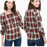 Splendid Red Plaid Button Front Long Sleeve Ruffle Top Shirt Blouse Size S NWT