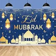 Eid Mubarak Backdrop Banner | 180x110cm Large Fabric Eid Mubarak Decorations Lantern Castle Crescent Moon Star Be Printed | Muslim Islamic Ramadan Background Photobooth Props (Blue, Gold)