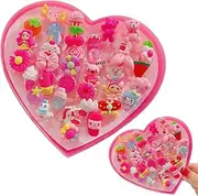 FENQURO Pack of 36 Pink Unicorn Jewellery Adjustable Stacking Rings, Children's Dress Up Ring Set with Heart Shape Display Case for Girls' Birthday Party Favours