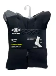 New Umbro Men's 10 Pack Targeted Compression Black Cushion Crew Socks Size 6-12
