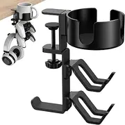 4 in 1 Desk Cup Holder with Headphone Hanger and Controller Stand, 360° Swivel Under Table Clip Controller Holder, Universal Adjustable Rotating Upgraded Arm Clamp for Coffee Mugs, Bottles, Headphones