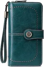[BRUIQIM] RFID Blocking Women Wallet,Large Capacity Leather Wallets for Women,Removable Wrist Strap RFID Wallet for Women,Trifold Travel Wallet, Long Ladies Purse Card Clutch Coin Purse with Zipper Compartment