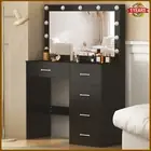 Black Dressing Table Modern Makeup Desk with LED Mirror Vanity Table & 5 Drawers