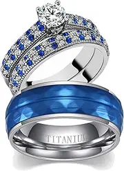 [loversring] Adjustable Size Bridal Sets Wedding Ring Sets His and Hers Promise Ring Couples Bridal Sets Women 925 Sterling Silver Square Cz Man Titanium Wedding Bands