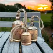 Set of 3 Metal Christmas Bells for Decoration Rustic Brass Gold Large Bell Cow