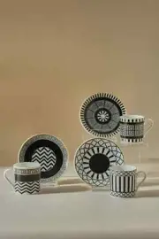 6-Piece Olive Green Striped Turkish Coffee Espresso Cup Set with Saucers – 90 ml