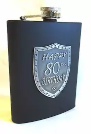20092 80th BIRTHDAY BLACK 150ml HIP FLASK WITH SHIELD BADGE GIFT BOX EIGHTIETH