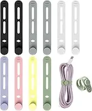 10 Pack Silicone Cable Ties Cord Organizer Strap, Colorful Reusable Wire Wrap Management with Lock Buckle, Elastic Cord Organizer Strap with Wire Clips Labels for Neat Cable Management (7 Color)