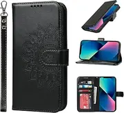 Cavor Wallet Case for iPhone 13 Mini 5.4'' PU Leather Case Magnetic 3D Embossed Flower Women Flip Kickstand with Card Holder Wristlet Hand Strap Protective Cover-Flower Black