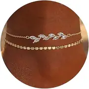 [Foxgirl] Gold Ankle Bracelets for Women,14k Gold Plated/Silver Anklets for Women Waterproof Layered CZ Leaf Beaded Cuban Chain Anklets Set Summer Beach Anklets for Women Teen Girls Gold Jewelry Gifts