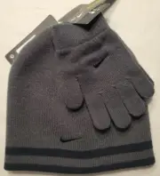 Nike Boys Reversible Gray & Black Beanie & Gloves 2 Piece Winter Set FREE SHIP