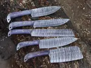 Chef Set Hand Made Damascus Blade Kitchen 5pcs Kitchen Knife Tool W/S _BL-4788