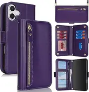 Cavor Crossbody Wallet for iPhone 16 6.1'' Case Leather Flip Cover Zipper Coin Purse Card Slots Photo Holder Kickstand Shoulder Strap Magnetic Shockproof Phone Cases-Long Lanyard Dark Purple