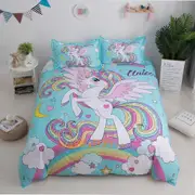 v1866 Bed Sheets Heart Unicorn Multicolor Light Blue Quilt Duvet Cover Set Doona Cover Bed Linen3-Piece Bedding Set (1 Duvet Cover + 2 Pillow Shams) B