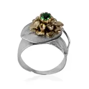 925 Sterling Silver And Gold Flower With Emerald Ring