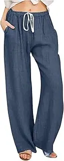 [Generic] Womens Summer Linen Comfy Sweatpants Solid Color Tie Cotton and Linen Loose Drawstring Trousers Leisure Pants for Women with Pockets