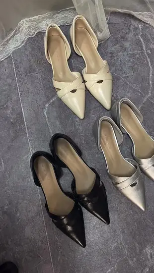 韓國代購時髦法式尖頭鞋銀色交叉鏤空淺口套腳低跟單鞋衣玲女鞋潮