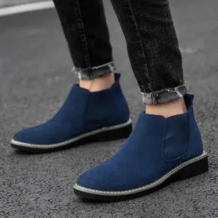 【Kiron】粗跟短靴切爾西短靴/百搭復古經典絨面時尚切爾西短靴-男鞋 藍