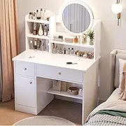 Uandhome Dressing Table,Makeup Table with 3 Drawers,Vanity Desk with Mirror and led Lights,Makeup Vanity Desk,Multifunctional Makeup Writing Desk for Bedroom(White)