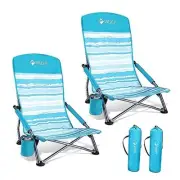 Low Beach Chairs for Adults Pack, High Back Folding Beach 2 Blue Stripes