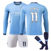 Beakey Manchester City Home DOKU #11 Soccer Jersey Kids Adult 3Pcs Long Sleeve Outfits