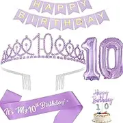 10th Birthday Decorations for Girls, Including Birthday Sash and Tiara, Birthday Candles,Banner and Cake Toppers, 32inch Digtal Balloons,Ideal Birthday Gifts for Girls (10th)