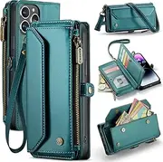 ELEPIK for iPhone 12 Pro Max Case, Adjustable Crossbody Wallet Case with Card Holder, Kickstand, [RFID Blocking] [Crossbody & Wrist Strap] Durable PU Leather Magnetic Phone Case, Green