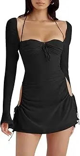 [Generic] Women's Mesh Dress Long Puff Sleeve Mini Bodycon Split Hem Party Clubwear
