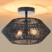 Black Farmhouse 2-Light Woven Rattan Ceiling Fixture Boho Coastal Basket L4.43