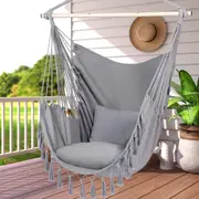 Hammock Chair Hanging Rope Swing, Large Hanging Chair with Pocket and tassels,Cushions for Superior Comfort, with Hardware Kit (Light Grey)
