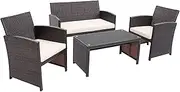 DORTALA 4 Pieces Wicker Patio Furniture Set, Outdoor PE Rattan Conversation Set with Chairs, Loveseat, Coffee Table, Cushions for Poolside, White