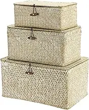 Set of 3 Wicker Storage Baskets with Lid - Large Handwoven Seagrass Shelf Basket Bins Rectangular Nesting Household Organizer Boxes for Shelf Closet Wardrobe Organizer, Whitewash