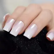 Pearl Shine Glossy Nails Shimmer White Square French Nail Ombre Faux Ongles Gradient Medium Fingernails with Gluetabs