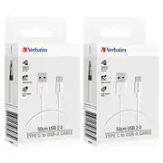 2PK Verbatim Charge & Sync USB To USB-C Soft Touch Rubber Durable Cable 50cm Wht