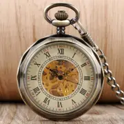 Bronze Mechanical Open Face Pocket Watch Skeleton Dial Hand Winding Fob Watches