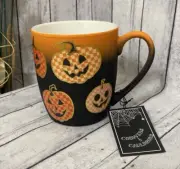Cobwebs & Cauldrons 17oz Halloween Pumpkin Checked Faces Soft Touch Mug NWT