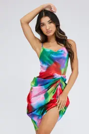 Multi Print Mini Dress Ruched Ombre Cowl Neck Satin - Size 6, Women's F Midi Dress