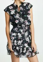 $188 NWT REBECCA MINKOFF SzL OLLIE CAP SLEEVE DRAWSTRING WAIST DRESS BLACK MULTI