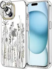 luolnh Compatible with iPhone 15 Case with Wrist Strap,for Women Girls,Shockproof Clear Floral Pattern Hard Back Cover for iPhone 15 6.1" 2023 -White Dandelion