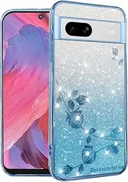 Yarxiawin Compatible with Google Pixel 7a Case Silicone Glitter Flower Pattern Aesthetic Clear Case, Mobile Phone Case Google Pixel 7a 5G Case Glitter Protective Case Transparent Motif (Blue)