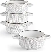 Anmula French Onion Soup Bowls – 27 Oz Embossed Ceramic Crocks with Handles for French Onion Soup, Beef Stew, Chili, Cheese – Microwave Dishwasher Oven Safe, Set of 4, White