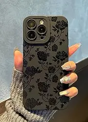 Jusnfu for iPhone 14 Pro Max Case 6.7 Inch 2022, Aesthetic Rose Floral Print Phone Case for Women Girls Men, Silicone Protective Phone Cover for iPhone 14 Pro Max, Black Flower
