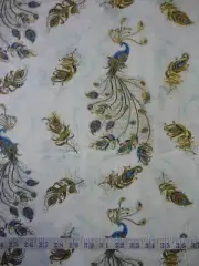 Peacock Flourish Peacocks Toss Light Teal Metallic Hilites Cotton Fabric 1/2YD