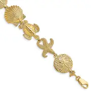 7 Inch 14K Polished Sand Dollar, Starfish, Turtle Link Bracelet