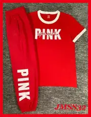 Victoria's Secret Pink Campus SS Tee Shirt + Pants Set Red Pepper Logo L XL NWT