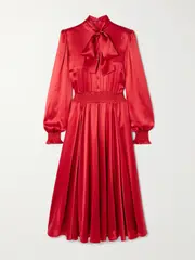 [Dolce & Gabbana] Dolce & Gabbana - Pussy-bow Smocked Pleated Silk-satin Midi Dress - Red - IT36 IT 36 Red