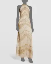 $495 Aidan Mattox Women's Gold Beaded Halter Neck Dress Size 2